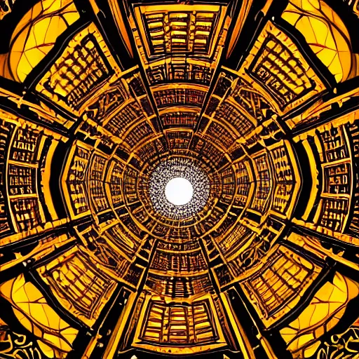 Image similar to vivid illustration of a person choosing between tunnels with groups of people inside, within a highly intricate torus with detailed golden ornamentation and golden light, choosing between pathways