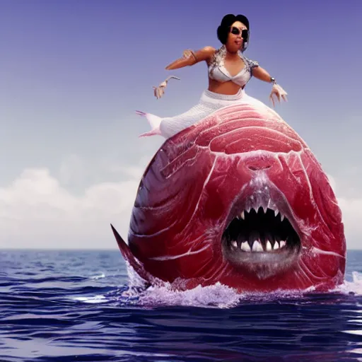 Image similar to cinematic shot of Cardi B riding on the back of a giant tuna fish in the ocean, bright lighting, 8k, very intricate, very detailed,