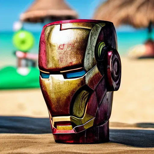 Image similar to a closeup photorealistic photograph of an iron man style tiki mug at a trader vic's beach bar featuring the face of iron man. tiki party. bright scene. fine detail. this 4 k hd image is trending on artstation, featured on behance, well - rendered, extra crisp, features intricate detail, epic composition and the style of unreal engine.