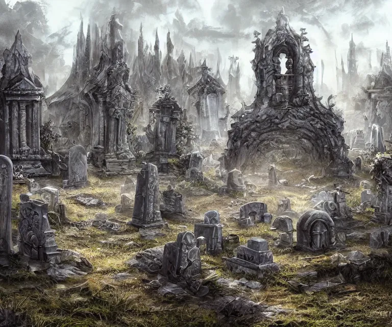 Image similar to a city of tombs and tombstones, graveyard landscape, giant grave structures, giant tomb structures, dark fantasy, digital art, fantasy art