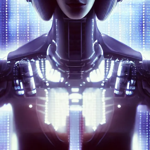 Prompt: Perfectly-Centered Half-body-Portrait of a Mechanical Cyberpunk Female Android, perfectly centered photograph, facing forward, stranding straight, intricate, elegant, super highly detailed, professional digital painting, artstation, concept art, smooth, sharp focus, no blur, no dof, extreme illustration, Unreal Engine 5, Photorealism, HD quality, 8k resolution, cinema 4d, 3D, beautiful, cinematic, art by artgerm and greg rutkowski and alphonse mucha and loish and WLOP