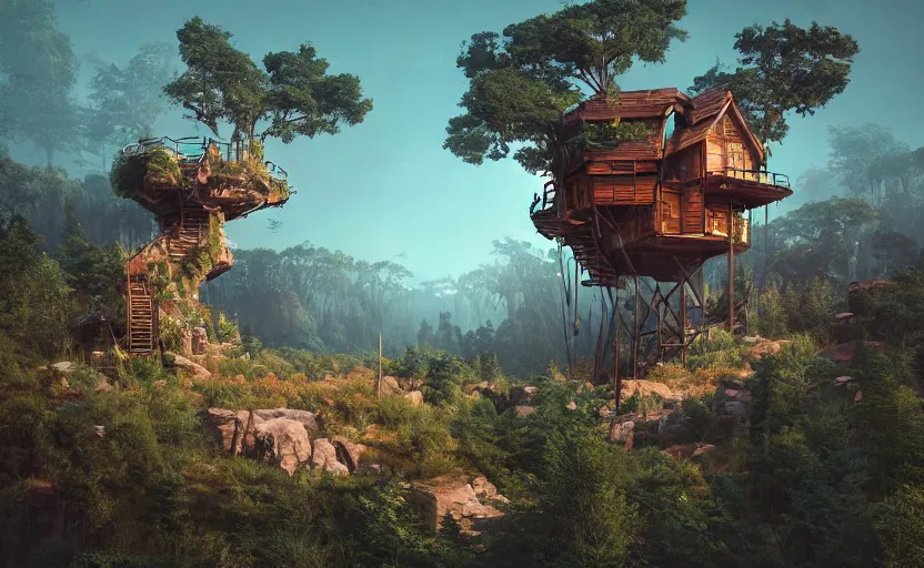 Image similar to treehouse in the rocky hills, Low level, rendered by Beeple, Makoto Shinkai, syd meade, simon stålenhag, synthwave style, digital art, unreal engine, WLOP, trending on artstation, 4K UHD image, octane render,