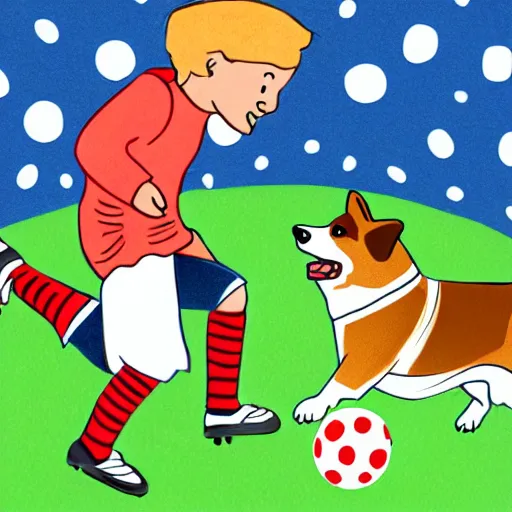 Image similar to illustration of french boy in paris playing football against a corgi, the dog is wearing a polka dot scarf