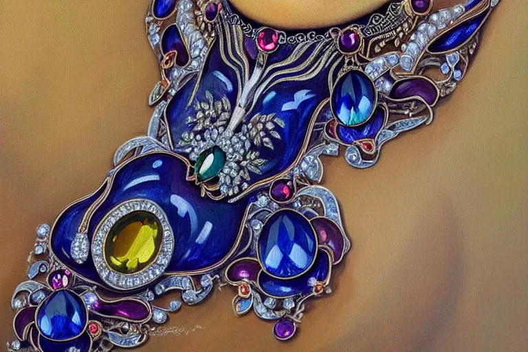 Prompt: highly detailed oil painting, front view, very realistic gemstones, art nouveau, ornate, delicate, brilliant sapphire choker, necklace on display, dramatic light,
