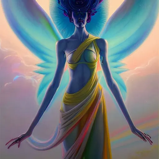 Image similar to psychedelic angelic celestial being artwork of peter mohrbacher, ayahuasca, energy body, sacred geometry, esoteric art, rainbow colors, realist, abstract and surreal art styles with anime and cartoon influences divinity