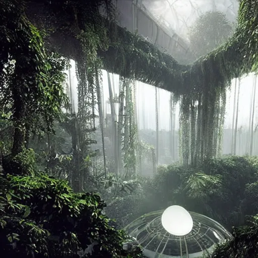 Image similar to 1 9 0 0 s photo overgrown zaha hadid marc newson spaceship high - tech symmetry godrays haze ruins in jungle dripping sunlight