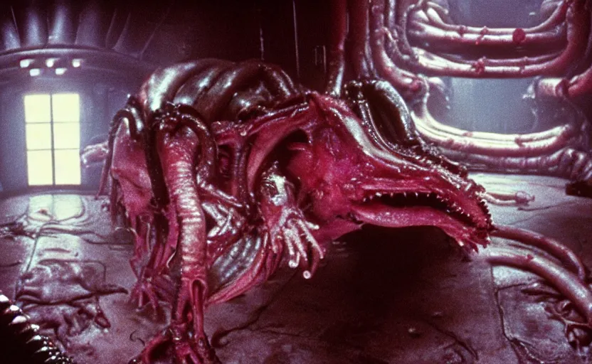 Image similar to peppa the pig infected by xenomorph from movie alien 1 9 7 9, staying at nostromo spaceship. extreme long shot, cinestill, giger, hermann nitsch, dark colors