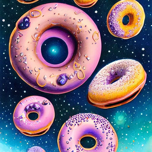 Prompt: a highly detailed, beautiful illustration of cosmic donuts by james gurney, trending on artstation