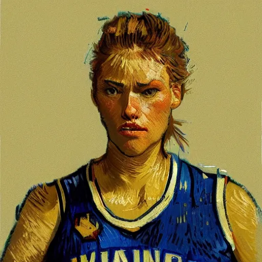Image similar to painting of an woman basketball player, a van gogh style, greg rutkowski, cg worker artstation