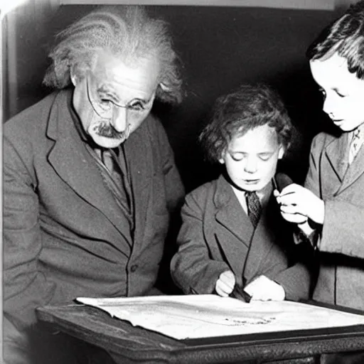 Image similar to Young Child Albert Einstein making a crayon drawing of plans for atomic bomb