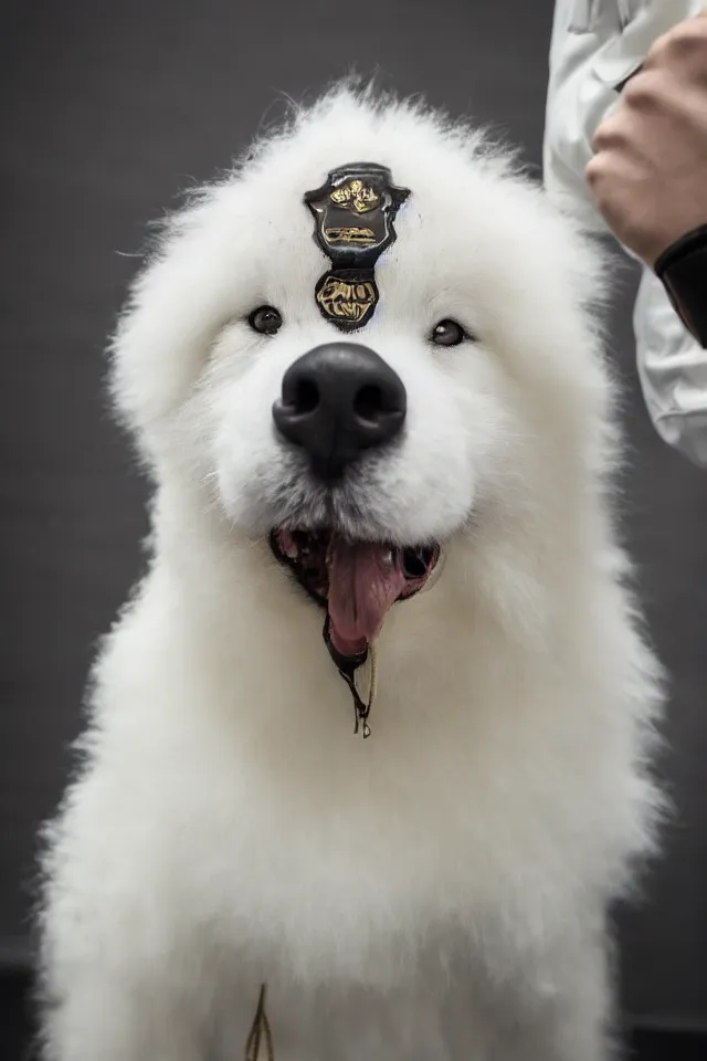 Prompt: samoyed dog head on a human body as a muay thai kickboxer, gloves on hands, world championship fight, cinematic lighting, film still