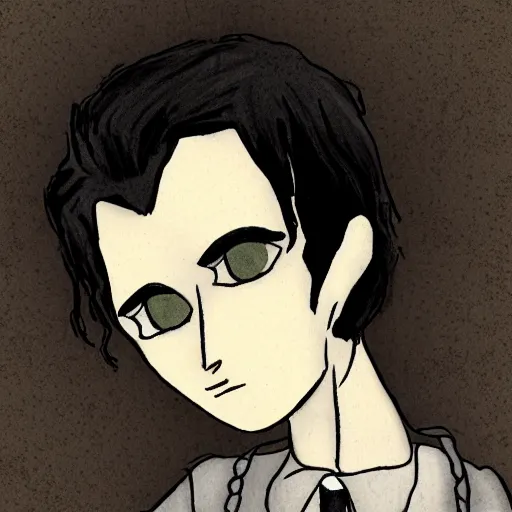 Image similar to young man portrait, black hair, skinny, sleep deprived, corpse bride art style