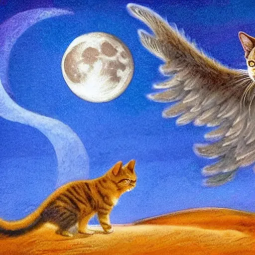 Image similar to 'a cat with two wings flying the sky with the moon