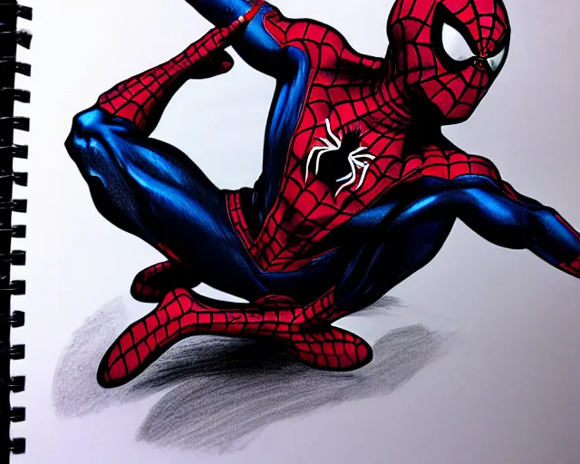 Image similar to photorealistic sketch of black spider - man with gold webbing