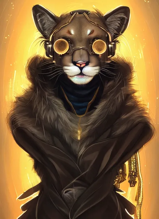 Image similar to award winning beautiful portrait commission of a male furry anthro mountain lion fursona with a tail and a cute beautiful attractive detailed furry face wearing stylish black and gold cyberpunk clothes in a cyberpunk city at night while it rains. Character design by charlie bowater, ross tran, artgerm, and makoto shinkai, detailed, inked, western comic book art