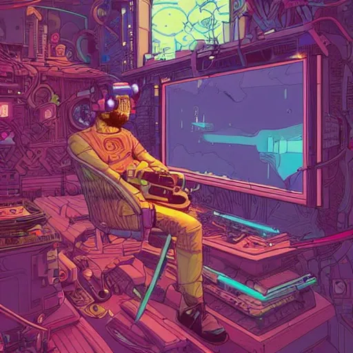 Image similar to Stunningly intricate illustration of an explorer playing video games in his treehouse, wearing cyberpunk headpiece, highly detailed, midnight, by Josan Gonzalez and James Gilleard , Moebius, Laurie Greasley