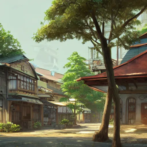 Image similar to concept art painting of a historic bakery with european and japanese architecture, in a forest village surrounded by trees, realistic, detailed, cel shaded, in the style of makoto shinkai and greg rutkowski and james gurney