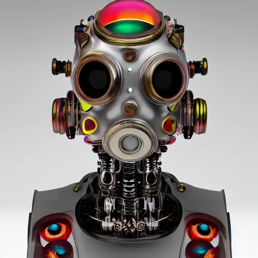 Prompt: a claymodel of a dieselpunk rococo spaced out robot head wearing multicolored tubes, 8 k, front view, symetrical, flourescent colors, halluzinogenic, multicolored, exaggerated detailed, front shot, 3 d render, octane