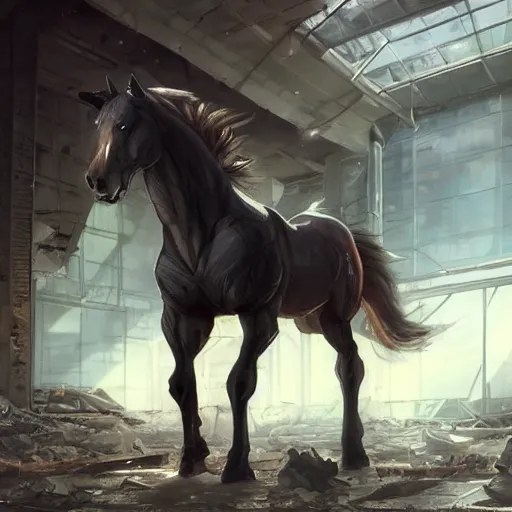 Prompt: a hyper - muscular anthro horse wearing a tactical bodysuit standing in the ruins of a facility, equine, hulking body, dynamic pose, highly detailed, digital painting, artstation, concept art, illustration by artgerm, greg rutkowski, makoto shinkai