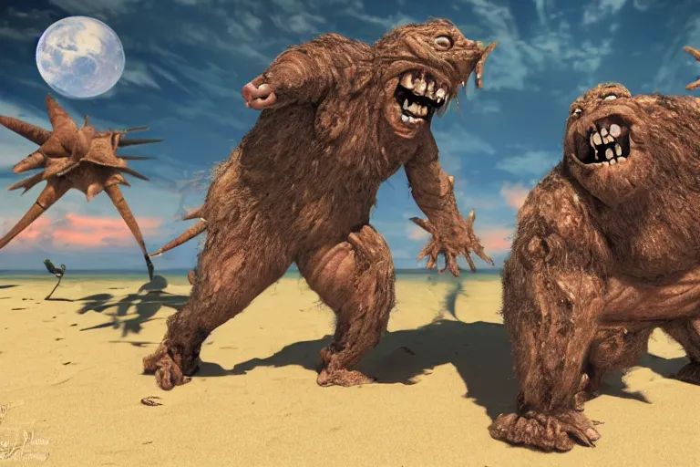 Prompt: photo, two old hairy fat ugly men! fighting alien monsters 4 0 1 2 9 on a beach, highly detailed, scary, intricate details, volumetric lighting, front view