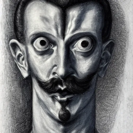 Image similar to Close-up of the angry man, pencil drawing. El Greco, Remedios Varo, Salvador Dali, Carl Gustav Carus, John Atkinson Grimshaw. Blue tint. Symetrical, logo, geometric shapes.