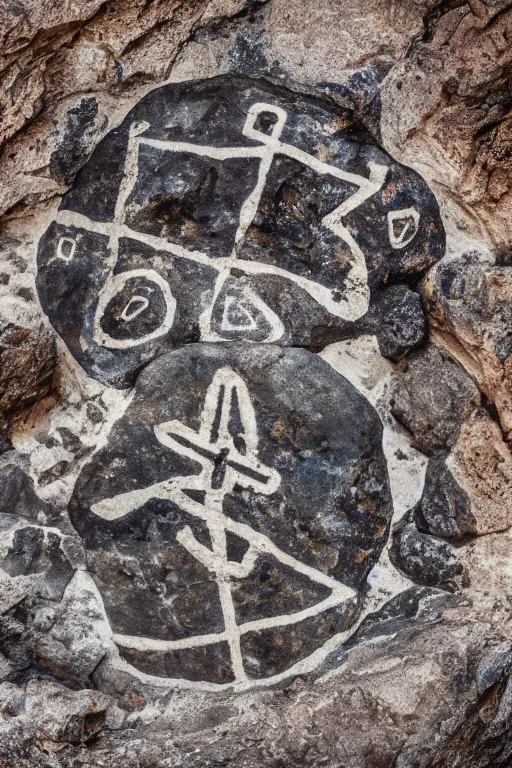 Image similar to 4 k photography of petroglyphs representing crosses, ufo, yin yang symbol on a cave