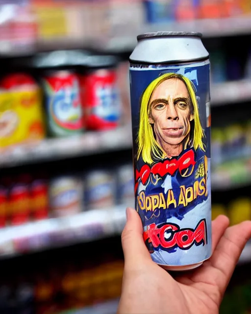 Image similar to a hand holding a soda can with iggy pop's face on the label, inside a supermarket