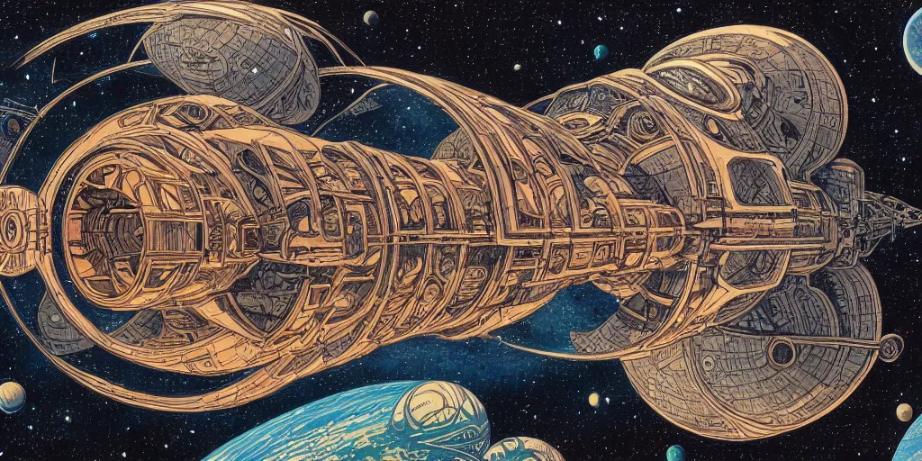 Prompt: incredible space ship in orbit, by Escher and Moebius and Mohrbacher, 8k