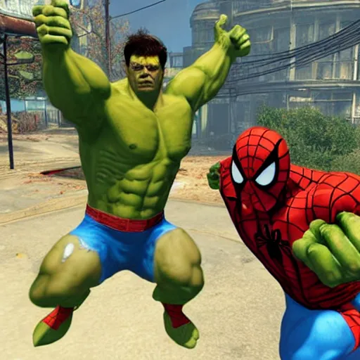 Image similar to hulk and spiderman in fallout 4