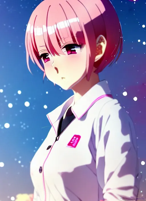 Image similar to anime portrait of ssunbiki as a beautiful woman, pink hair, wearing white polo and dark jacket, park background, bokeh, ilya kuvshinov, anime, pixiv top monthly, trending on artstation, cinematic, danbooru, zerochan art, kyoto animation