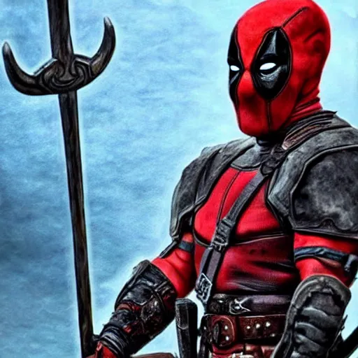 Image similar to a Viking Deadpool, detailed, realistic, dramatic, smooth,