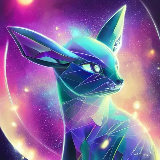 Image similar to geometric symmetrical umbreon with galaxy eyes in space, nebula in the background, intricate, elegant, highly detailed, digital painting, artstation, concept art, smooth, sharp focus, illustration, art by artgerm