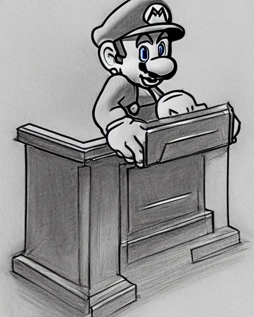 Image similar to super mario on the stand, court room sketch, fine details, concept art, extremely detailed, black and white, very sharp, in the style of elizabeth williams