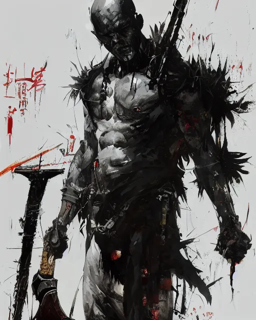 Image similar to tall bald man, standing, wielding a large axe, spike through two eyes, large spike through eyes, black robe, painting by yoji shinkawa, alphonse murac, craig mullins, sui ishida, yoshikata amano, collaborative painting, very detailed and high quality, 4 k, 8 k, artstation