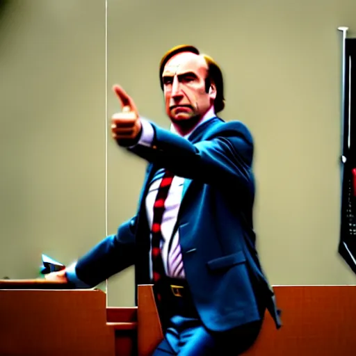 Image similar to saul goodman doing t - pose in courtroom to intimidate prosector