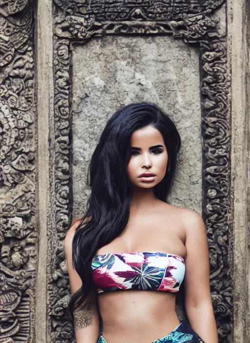 Prompt: portrait of demi rose wearing batik tube top in bali temple, by charlotte grimm, natural light, detailed face, beautiful features, symmetrical, canon eos c 3 0 0, ƒ 1. 8, 3 5 mm, 8 k, medium - format print,