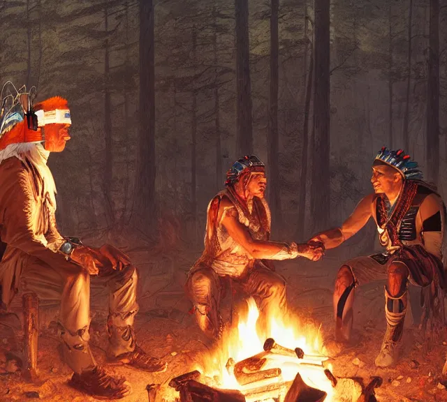 Prompt: a cybernetic man from the future is shaking hands with a native american man in traditional headress, lighting from a campfire in, mutual respect, by greg rutkowski, by ilya repin, extreme detail, 8 k, wide shot