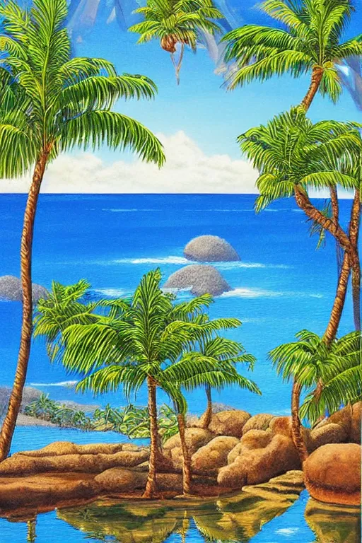 Prompt: beckoning palms lean over crystal clear water, shadows on water, hawaiian style by scott westmoreland