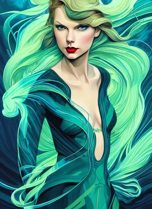 Image similar to style artgerm, joshua middleton, taylor swift with green dress, very long blue hair, swirling water swirling, symmetrical face, symmetrical eyes, steampunk cyberpunk,, cinematic lighting