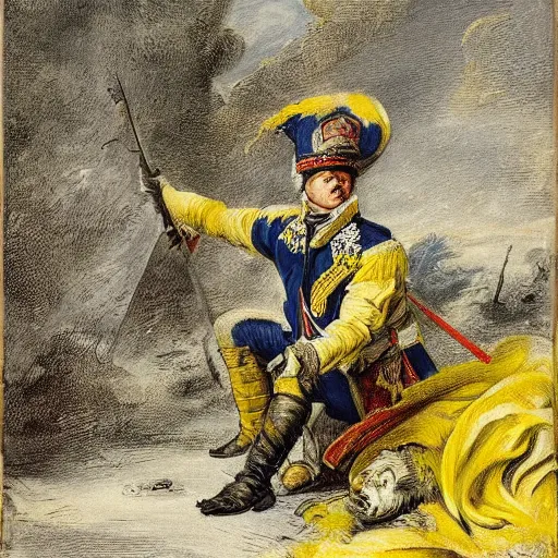 Image similar to Volodymyr Zelensky at war, dressed like Napoleon Bonaparte, sitting on the ground between dead corpses and weeping, holding a half burnt blue and yellow flag of Ukraine, in the style of Peter Paul Rubens