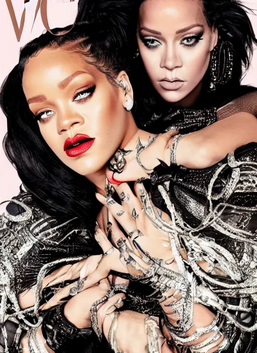 Prompt: portrait, rihanna and lady gaga together, for vogue magazin, by charlotte grimm, natural light, detailed face, beautiful features, symmetrical, highly detailed, highly realistic, high resolution, canon eos c 3 0 0, ƒ 1. 8, 3 5 mm, 8 k, medium - format print, half body shot