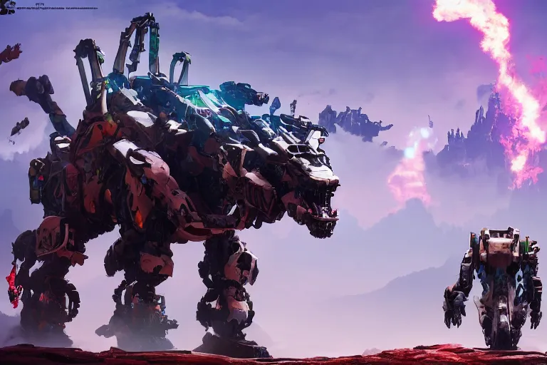 Image similar to behemoth machine mecha animal beast robot of horizon forbidden west horizon zero dawn bioluminiscence global illumination ray tracing hdr fanart arstation by sung choi and eric pfeiffer and gabriel garza and casper konefal