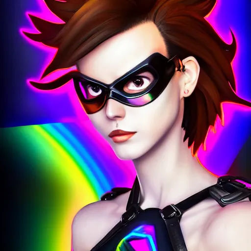 Image similar to portrait bust digital artwork of tracer overwatch, wearing black iridescent rainbow latex tank top, 4 k, expressive happy smug expression, makeup, in style of mark arian, angel wings, wearing detailed black leather collar, chains, black leather harness, detailed face and eyes,