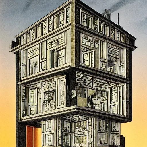 Image similar to impossible penrose house by M.C. Escher, painting with intricate details