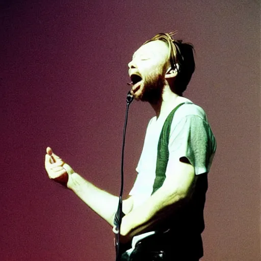 Prompt: gigantic Thom Yorke 1995 singing into a microphone, a photo by John E. Berninger, trending on pinterest, private press, associated press photo, angelic photograph, masterpiece