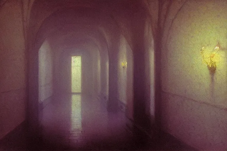 Prompt: A highly detailed hallway liminal space by Ivan Aivazovsky and Nicholas Roerich, impressionistic brushwork, silent hill aesthetic