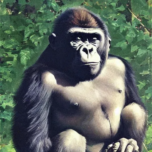 Image similar to “A smiling gorilla by Norman Rockwell”