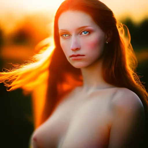 Image similar to photographic portrait of a stunningly beautiful renaissance female in soft dreamy light at sunset