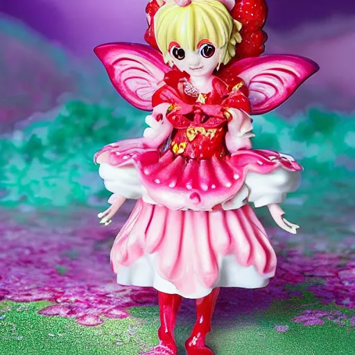 Prompt: a femo figurine of a cute funny strawberry fairy with a frilly floral dress featured in genshin impact