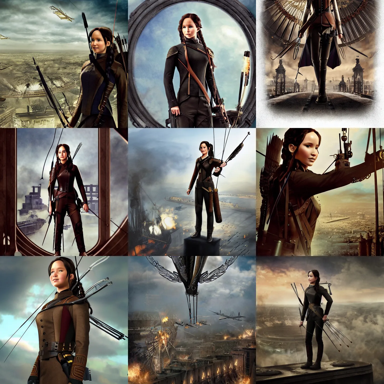 Prompt: Katniss Everdeen as a steampunk airship pilot standing on the bridge of her airship, looking out over Victorian London, digital steampunk art, trending on ArtStation